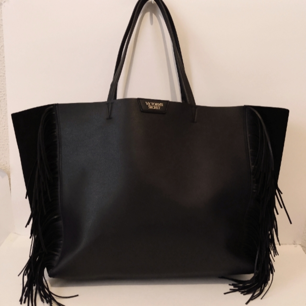 Victoria's Secret Black Faux Leather Fringe Pebbled Large Travel Carry On Tote
